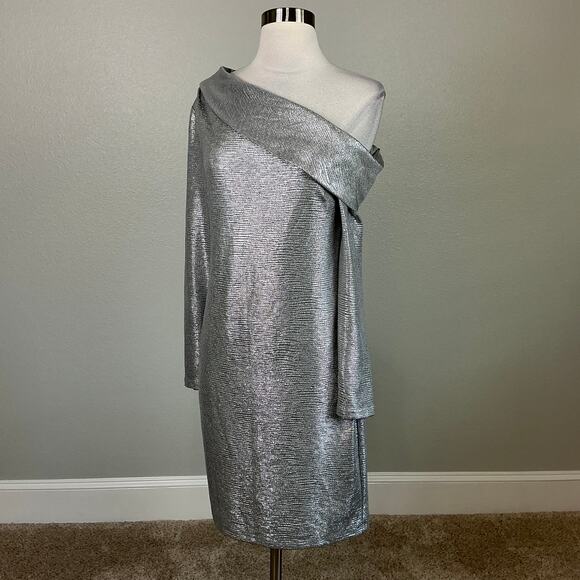 Ralph Lauren Off the Shoulder Long Sleeve Cocktail Dress Silver Size 8 Sheath - Picture 4 of 12